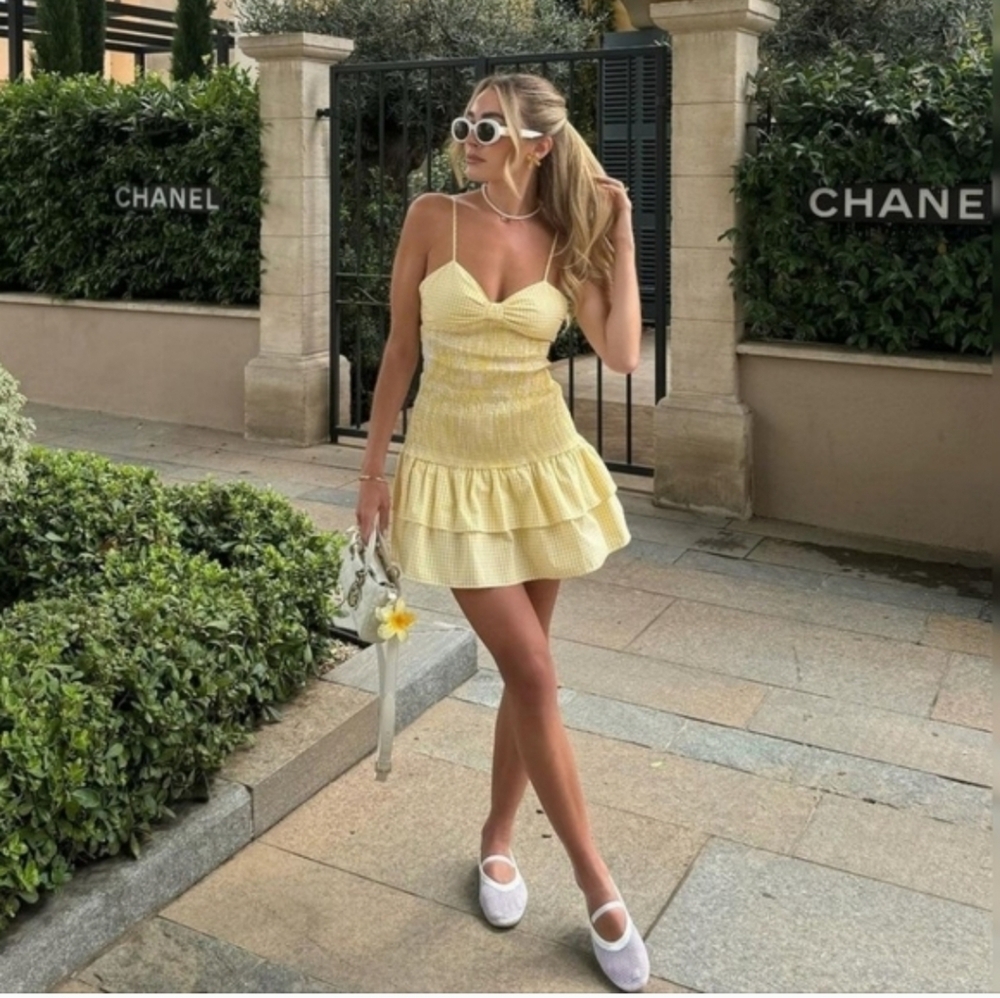 Zara GINGHAM MINI DRESS YELLOW SIZE S